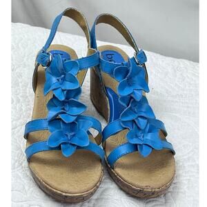 Bolo Women's Size 9 Blue Flower Cork Wedge Summer Heel Sandal